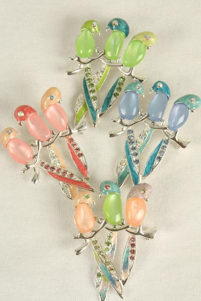 Brooch 3 Birds Parrot Cat eye w Rhinestones / 12 pcs = Dozen Size - 2.5" x 1.5" Wide , Choose Colors , w Display Card