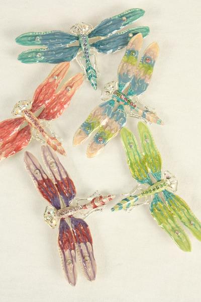Brooch Enamel Dragonfly Rhinestones / 12 pcs = Dozen Size - 3.5'' x 2'' Wide , Opp Bag & UPC Code , Choose Colors