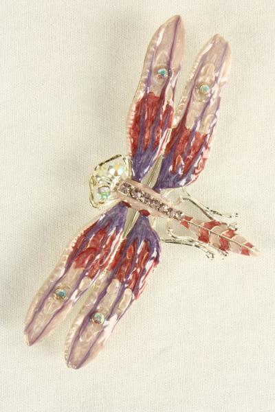 Brooch Enamel Dragonfly Rhinestones / 12 pcs = Dozen Size - 3.5'' x 2'' Wide , Opp Bag & UPC Code , Choose Colors