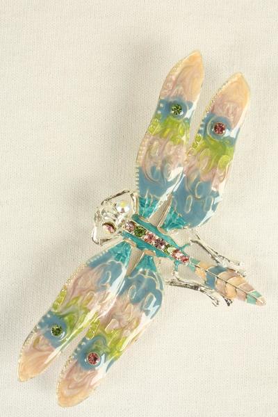 Brooch Enamel Dragonfly Rhinestones / 12 pcs = Dozen Size - 3.5'' x 2'' Wide , Opp Bag & UPC Code , Choose Colors