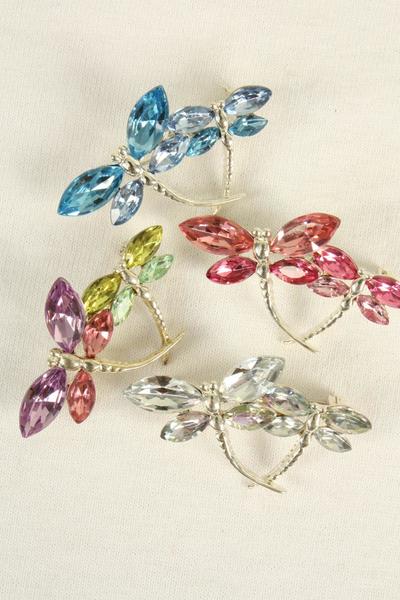 Brooch Dragonfly's Glass Crystal / PC Size - 1.75" x 1" Wide , Display Card & OPP Bag , Choose Colours