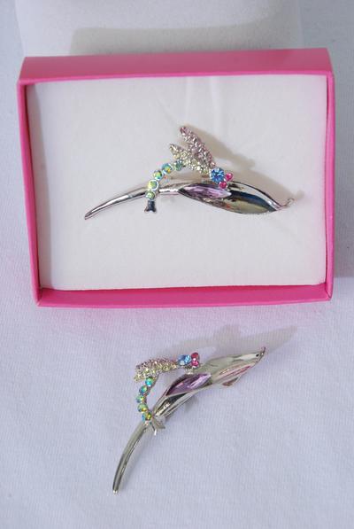 Brooch Dragonfly Rhinestones Multi / 12 pcs = Dozen Size - 2.5" x 1" Wide , w Gift Box & UPC Code , Choose Colors