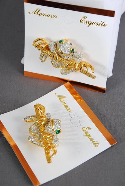 Brooches Frog Flute Rhinestones / 12 pcs = Dozen Size - 2.25" x 1.25" Wide , Display Card & OPP Bag