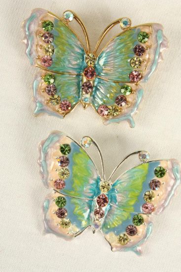 Brooch Butterfly Enamel Rhinestones / 12 pcs = Dozen  Size - 2" x 1.5" Wide , Gift Box w OPP Bag , Choose Colors