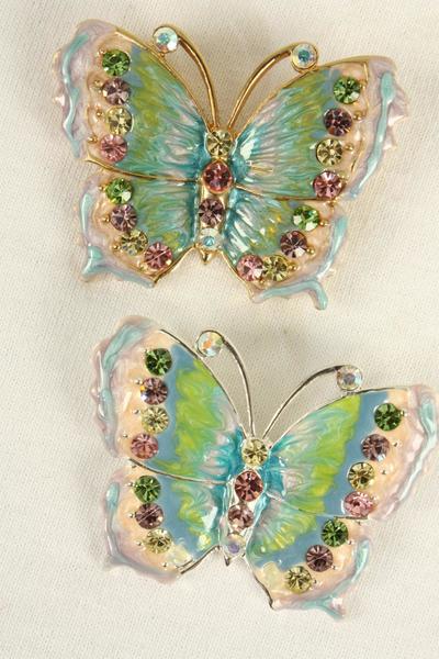 Brooch Butterfly Enamel Rhinestones / 12 pcs = Dozen  Size - 2" x 1.5" Wide , Gift Box w OPP Bag , Choose Colors