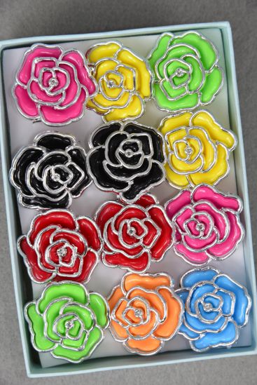 Rings Poly Rose Silver Trim Adjustable / 12 pcs = Dozen Adjustable ,  Flower Size - 1.25" Wide , 2 Red , 2 Black , 2 Yellow , 2 Fuchsia , 2 Lime , 1 Blue , 1 Orange Color Asst