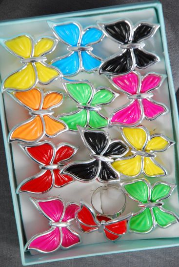 Rings Poly Butterfly Silver Trim Multi / 12 pcs = Dozen Adjustable , Butterfly Size - 1.25" x 1.25" Wide , 2 Red , 2 Black , 2 Fuchsia , 2 Yellow ,2 Blue , 1 Lime , 1 Orange Color Asst.