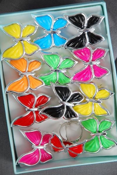 Rings Poly Butterfly Silver Trim Multi / 12 pcs = Dozen Adjustable , Butterfly Size - 1.25" x 1.25" Wide , 2 Red , 2 Black , 2 Fuchsia , 2 Yellow ,2 Blue , 1 Lime , 1 Orange Color Asst.