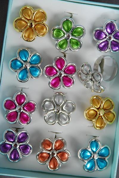 Rings Poly Flower Metallic Silver Trim / 12 pcs = Dozen Adjustable , Flower Size - 1" Wide , 2 Fuchsia , 2 Blue , 2 Gold , 2 Silver , 2 Purple , 1 Lime ,1 Orange Color Asst