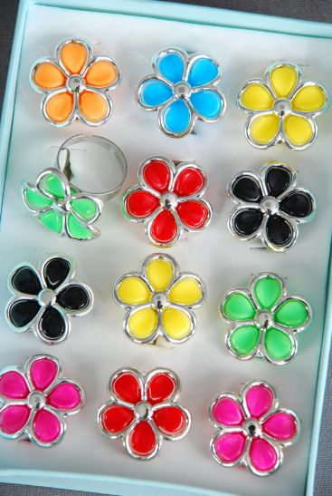 Rings Poly Flower Multi Silver Trim / 12 pcs = Dozen Adjustable , Flower Size - 1" Wide , 2 Red , 2 Black , 2 Fuchsia , 2 Yellow , 2 Lime , 1 Blue ,1 Orange Color Asst