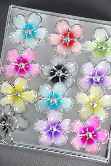 Rings Aloha Poly Flower 2 Tones Multi / 12 pcs = Dozen Adjustable , Flower Size - 1.25" Wide , 2 Fuchsia , 2 Purple , 2 Yellow , 2 Blue , 2 Black , 1 Red , 1 Lime Color Mix
