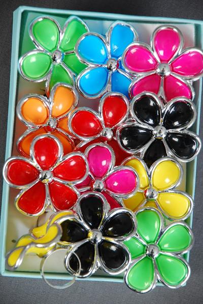 Rings Poly Large Flower Silver Trim Multi / 12 pcs = Dozen Adjustable , Flower Size - 1.25" Wide , 2 Red , 2 Black , 2 Fuchsia , 2 Yellow , 2 Lime , 1 Blue , 1 Orange Color Asst