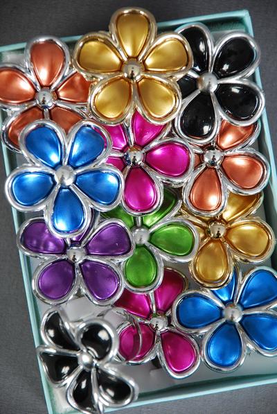 Rings Poly Flower Metallic Multi / 12 pcs = Dozen  Adjustable , Flower Size - 1" Wide , 2 Fuchsia , 2 Blue , 2 Gold , 2 Silver , 2 Purple , 1 Lime , 1 Orange Color Asst