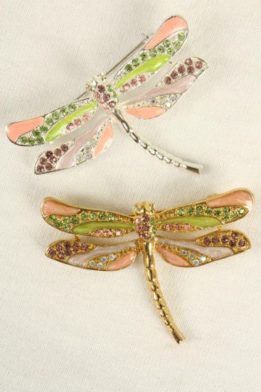 Brooch Dragonfly Enamel Rhinestones Silver Pastel / 12 pcs = Dozen Silver Pastel  , Size - 2" x 1" Wide ,  Come W Gift Box
