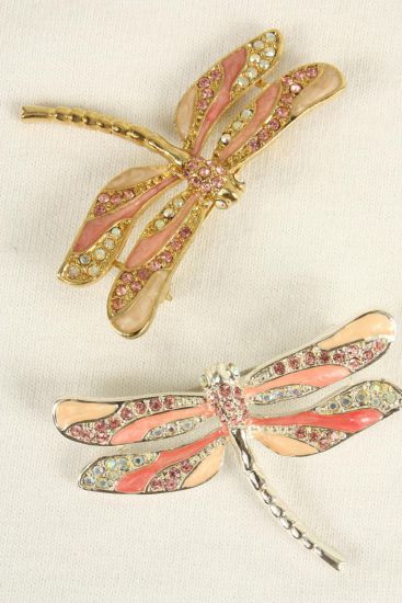 Brooch Dragonfly Enamel Rhinestones Gold Pink / PC Gold Pink , Size - 2" x 1" Wide , Come W Gift Box