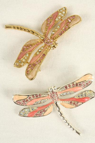 Brooch Dragonfly Enamel Rhinestones / 12 pcs = Dozen Size - 2" x 1  Wide , Come W Gift Box , choose colors                                                                            