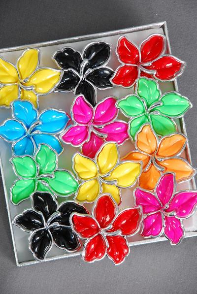 Rings Flower Daylily Multi Silver Trim Aloha / 12 pcs = Dozen  Adjustable , Size - 1.75" Wide , 2 Red , 2 Black , 2 Fuchsia , 2 Lime , 2 Yellow , 1 Orange , 1 Blue Color Asst