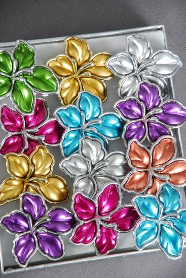Rings Poly Metallic Flower Lily Flower Multi Aloha / 12 pcs = Dozen Adjustable , Flower Size - 1.5" Wide , 2 Fuchsia , 2 Blue , 2 Gold , 2 Silver , 2 Purple , 1 Lime , 1 Orange Color Asst