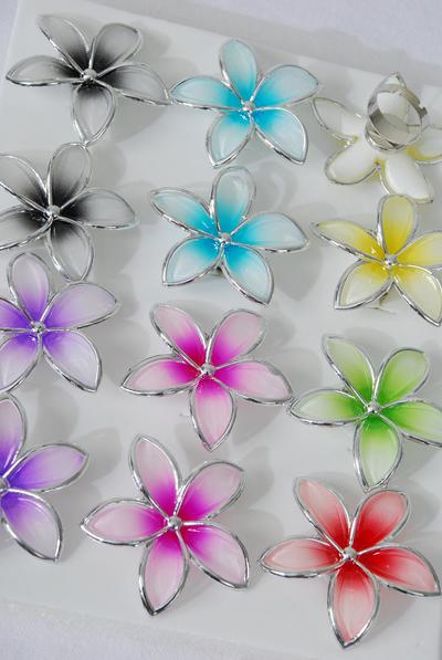 Rings Poly Flower Gradient Pastel Color Asst / 12 pcs = Dozen Adjustable , Flower Size - 1.5" Wide , 2 Fuchsia , 2 Purple , 2 Yellow , 2 Blue , 2 Black , 1 Red , 1 Lime Color Mix