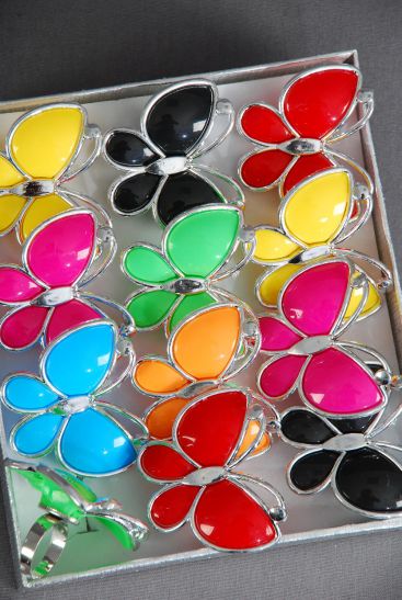 Rings Poly Butterfly Multi Silver Trim / 12 pcs = Dozen Adjustable , Flower Size - 2" x 1.5" Wide , 2 Red , 2 Black , 2 Fuchsia , 2 Yellow , 2 Lime , 1 Blue , 1 Orange Color Asst .