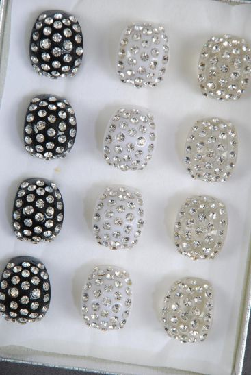 Rings Acrylic Dome Rhinestones Black White Clear Mix / 12 pcs = Dozen Size - 7  8  9 Size Mix , 4 of each Color Asst , Velvet Ring Display Box & OPP Bag & UPC Code