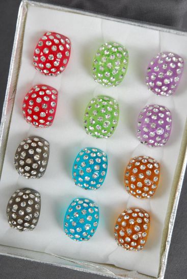 Rings Acrylic Dome Rhinestones Transparent Dark Multi / 12 pcs = Dozen  Transparent Dark Multi , Size - 7  8  9 Mix , 2 of each Color Asst , Velvet Ring Display Box & OPP bag & UPC Code