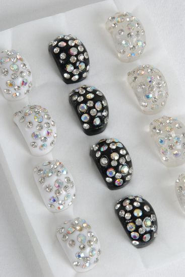 Rings Acrylic Dome Rhinestones Black Clear White Mix / 12 pcs = Dozen Size - 7  8  9 Pr Mix , 4 Black , 4 White , 4 Clear Mix , Ring Display Box & OPP Bag & UPC Code