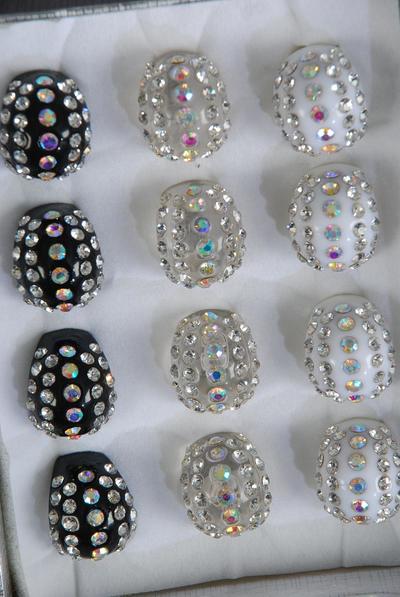 Rings Acrylic Dome Rhinestones / 12 pcs = Dozen Size - 7  8  9 Mix , Choose Colors , Velvet Ring Display Box & OPP Bag & UPC Code 