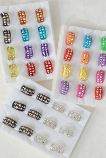 Rings Acrylic Oblong Shape Rhinestones / 12 pcs = Dozen Pre 6 7 8 9 Size Mix, Choose Colors, Velvet Ring Display Box, Opp bag & UPC Code 