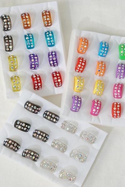 Rings Acrylic Oblong Shape Rhinestones / 12 pcs = Dozen Pre 6 7 8 9 Size Mix, Choose Colors, Velvet Ring Display Box, Opp bag & UPC Code 