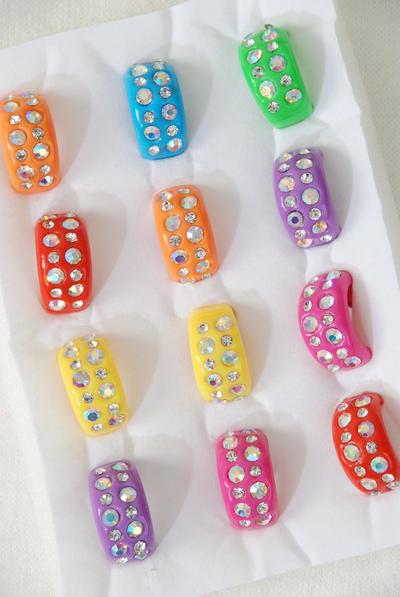 Rings Acrylic Oblong Shape Rhinestones / 12 pcs = Dozen Pre 6 7 8 9 Size Mix, Choose Colors, Velvet Ring Display Box, Opp bag & UPC Code 