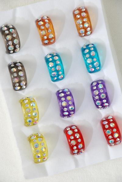 Rings Acrylic Oblong Shape Rhinestones / 12 pcs = Dozen Pre 6 7 8 9 Size Mix, Choose Colors, Velvet Ring Display Box, Opp bag & UPC Code 