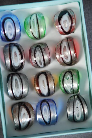 Rings Venetian Glass Multi / 12 pcs = Dozen Width 0.75" Wide , Size - 6  7  8  9 Mix , 2 of each Color Asst , 1 DZ Velvet Ring Display Window Box , W OPP bag & UPC Code