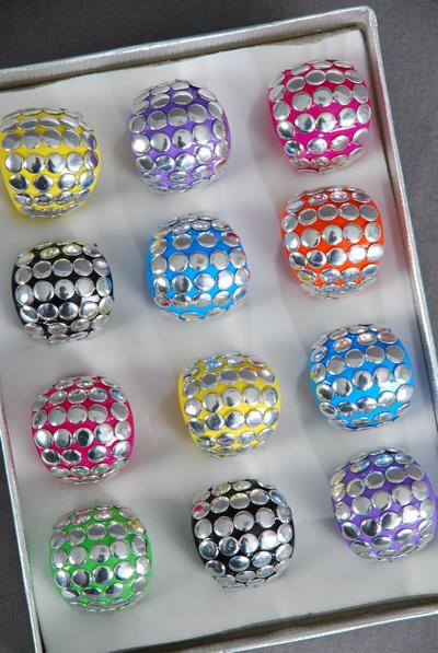 Rings Acrylic Dome Shape Silver Studded Multi / 12 pcs = Dozen Size - 1" Wide , 2 Black , 2 Fuchsia , 2 Blue , 2 Lavender , 2 Yellow , 1 Lime , 1 Orange Color Mix , Size - 6 7 8 9 Pr Mix