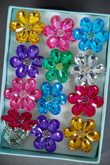 Rings Acrylic Flower Citrus Color Rhinestones Stretch / 12 pcs = Dozen Stretch , Flower Size - 1" Wide , 2 Fuchsia , 2 Pink , 2 Purple , 2 Turquoise , 2 Yellow , 1 Clear , 1 Green Color Asst.