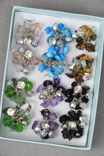 Rings Glass Crystal Charm Real Semiprecious Stone Mix / 12 pcs = Dozen Adjustable , 2 of each Color Asst , 1 DZ Velvet Ring Display Window Box , OPP Bag & UPC Code