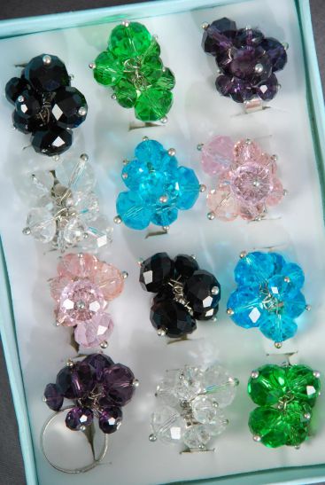 Rings Glass Crystal Charms Multi / 12 pcs = Dozen Adjustable , Width 1.25" Wide , 2 of each Color Asst , 1DZ Velvet Ring Display Window Box , W OPP bag & UPC Code 