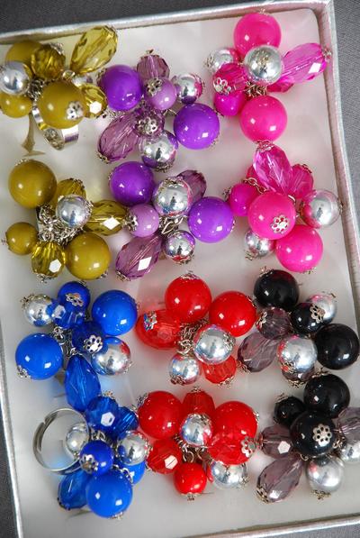 Rings Acrylic Ball Silver Ball Charm Mix / 12 pcs = Dozen Adjustable , 2 of each Color Asst , Velvet Ring Display Window Box , OPP bag & UPC Code