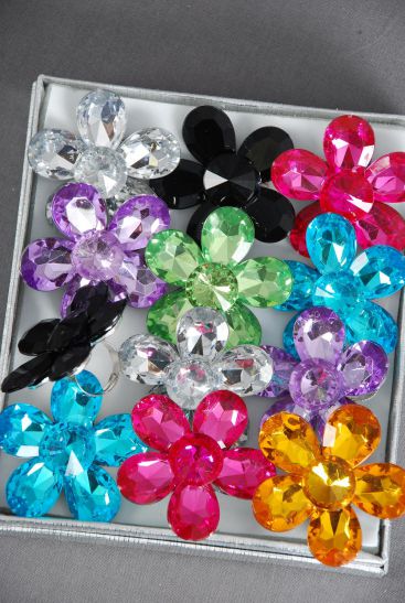 Rings Acrylic Large Cluster Flowers / 12 pcs = Dozen Adjustable , Flower Size - 2" Wide , 2 Black , 2 Fuchsia , 2 Aqua , 2 Lavender , 2 Clear , 1 Yellow , 1 Lime Color Asst