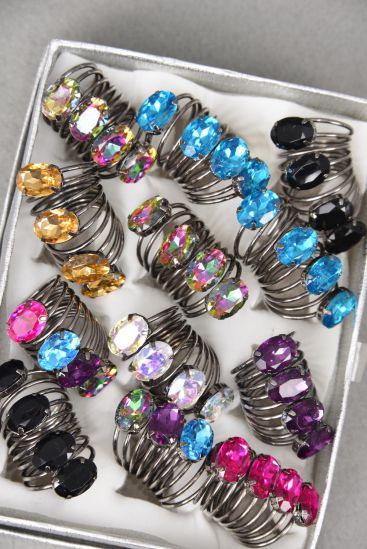 Rings Spiral Band Oval Iridescent Glass Cut Dark Multi / 12 pcs = Dozen Face Size - 1.5" x 0.5" Wide , 2 Multi , 2 Black , 2 Blue , 2 AB Clear , 1 Fuchsia , 1 Purple , 1 Clear ,1 Champagne Color Asst