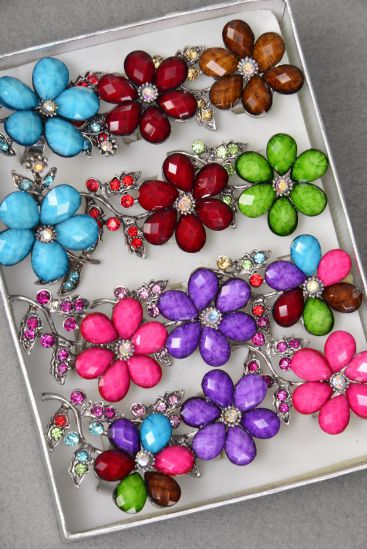Rings Flower Acrylic Marble & Rhinestone mix Adjustable / 12 pcs = Dozen   Adjustable , Flower Size - 2" x 1" Wide , 2 Fuchsia , 2 Brown , 2 Purple , 2 Blue , 2 Multi , 1 Red , 1 Lime Color Asst