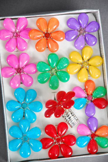Rings Candy Flower Color Rhinestones Stretch / 12 pcs = Dozen  Stretch , Face Size-1.5" Wide , 2 Multi , 2 Red , 2 Blue , 2 Pink , 1 Lavender , 1 Yellow , 1 Orange , 1 Lime Color Asst.