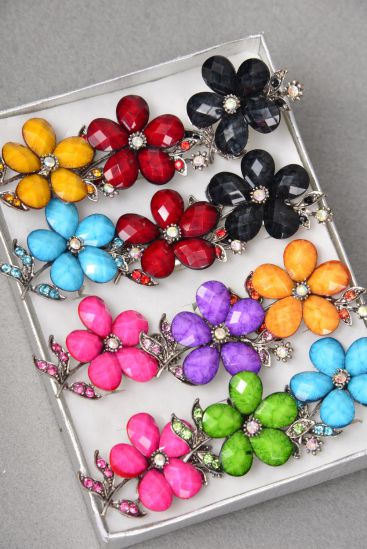 Rings Flower Acrylic Marble Rhinestones Adjustable / 12 pcs = Dozen Adjustable , Flower Size - 1.5" x 1.25" Wide , 2 Black , 2 Pink , 2 Yellow , 2 Red , 2 Blue , 1 Green , 1 Purple Color Asst.