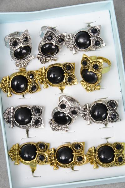 Rings Owl Black Poly Adjustable / 12 pcs = Dozen  Adjustable , Owl Size - 1.25" x 0.75" Wide , 6 Gold , 6 Silver Mix , 1 Dz Velvet Ring Display Window Box , W OPP Bag & UPC Code