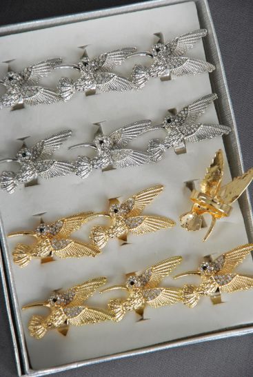 Rings Hummingbird Gold Silver Mix Rhinestones / 12 pcs = Dozen Adjustable , Size - 1.5" x 0.75" Wide , 6 Gold & 6 Silver Color Mix , 1 DZ Velvet Display Box & OPP bag & UPC Code 