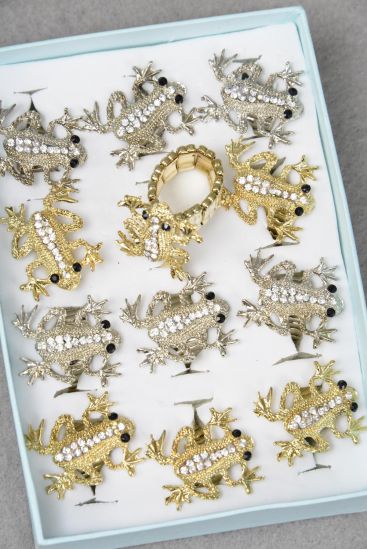Rings Frog Rhinestone Metal Stretch / Dozen Size - 1" x 1" Wide , 6 Gold , 6 Silver Color Mix , 1 Dozen Display Ring Box , OPP Bag & UPC Code & OPP Bag 
