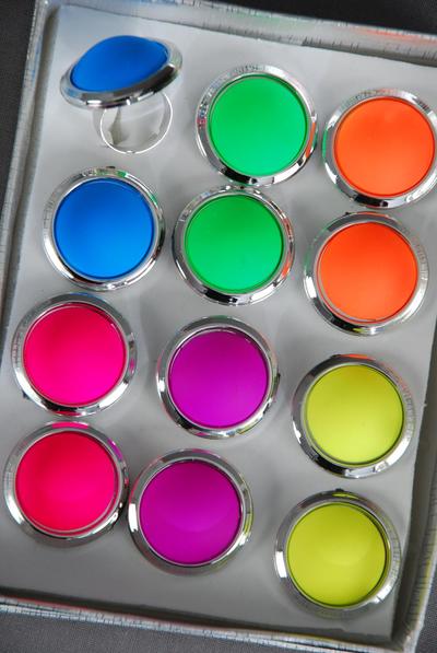 Rings Acrylic Round Caribbean Neon Color Asst / 12 pcs = Dozen Adjustable , Face Size - 1.25" Wide , 2 of each Color Asst ,1 DZ Velvet Ring Display Box,  OPP Bag UPC Code