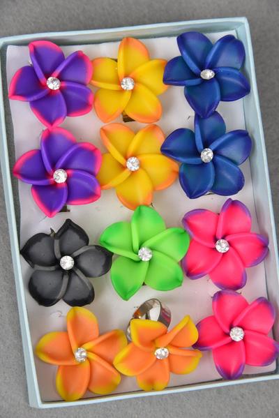 Rings Paint Aloha Flower Polymer Clay Aloha / 12 pcs = Dozen Adjustable , Flower Size - 1" Wide , 2 Fuchsia , 2 Hot Pink, 2 Blue , 2 Orange , 2 Yellow , 1 Black , 1 Lime green Color Asst