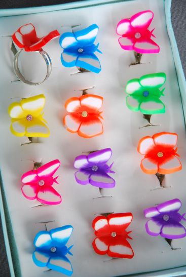 Rings Butterfly Multi / 12 pcs = Dozen Adjustable , Paint Polymer Clay , Butterfly-1" x 1"Wide , 2 of each Color Asst .