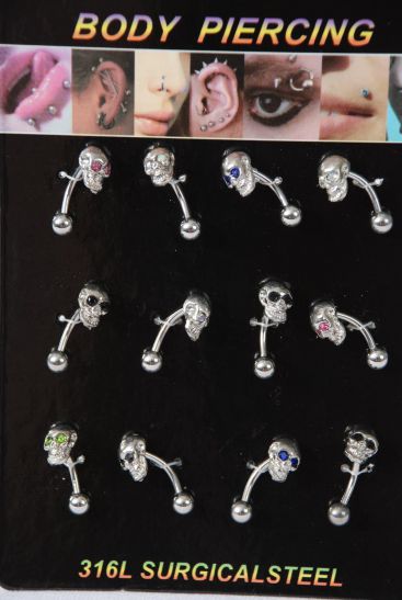 Body Piercing 316L Surgical Steel Skull Face / 12 pcs = Dozen  Surgical Steel ,  Individual Opp Bag & UPC Code